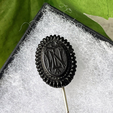 Victorian Whitby Jet Stick Pin. Antique Carved Monogram English Jet Pin. Black Gemstone Lapel/Tie/Cravat/Stock Pin. Antique Mourning Jewelry