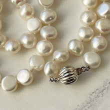 Cargar imagen en el visor de la galería, Vintage Sterling Silver Freshwater Pearl Necklace. Bright White Button Pearl Princess Length Necklace. Natural Pearl 18&quot; Beaded Necklace.
