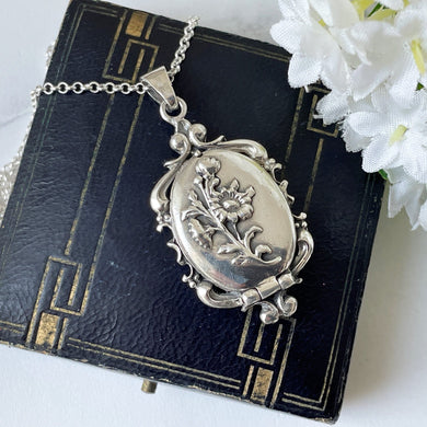 Vintage Sterling Silver Art Nouveau Poppy Locket & Belcher Chain. Ornate Victorian Style Photo/Keepsake Locket Pendant Necklace