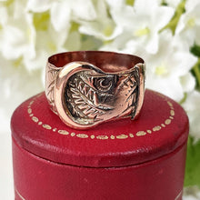 Load image into Gallery viewer, Antique English 9ct Rose Gold Buckle Ring, 1916. Edwardian Love Token/Sweetheart Ring. Floral Engraved Wide Band Ring Size UK N-1/2, US 7
