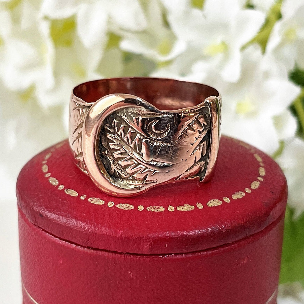 Antique English 9ct Rose Gold Buckle Ring, 1916. Edwardian Love Token/Sweetheart Ring. Floral Engraved Wide Band Ring Size UK N-1/2, US 7