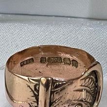 Cargar imagen en el visor de la galería, Antique English 9ct Rose Gold Buckle Ring, 1916. Edwardian Love Token/Sweetheart Ring. Floral Engraved Wide Band Ring Size UK N-1/2, US 7
