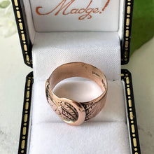 Load image into Gallery viewer, Antique English 9ct Rose Gold Buckle Ring, 1916. Edwardian Love Token/Sweetheart Ring. Floral Engraved Wide Band Ring Size UK N-1/2, US 7
