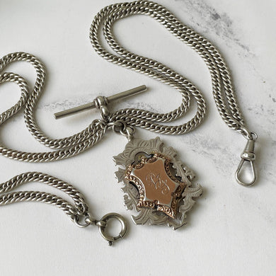 Superb Edwardian Silver & Gold Fancy Watch Chain and Fob, William H. Hassler 1918. Antique Double Albertina Chain Pendant Necklace/Bracelet