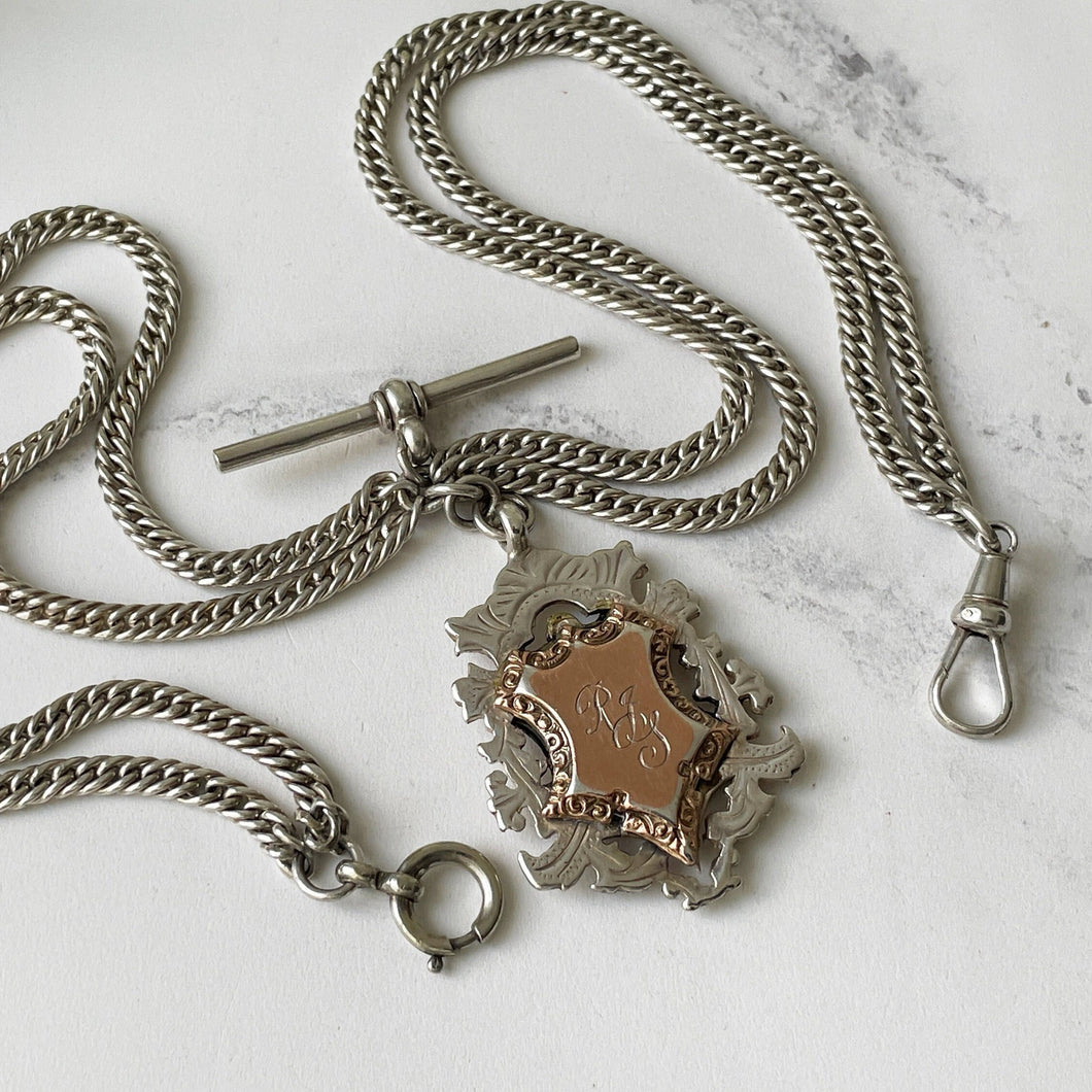 Superb Edwardian Silver & Gold Fancy Watch Chain and Fob, William H. Hassler 1918. Antique Double Albertina Chain Pendant Necklace/Bracelet