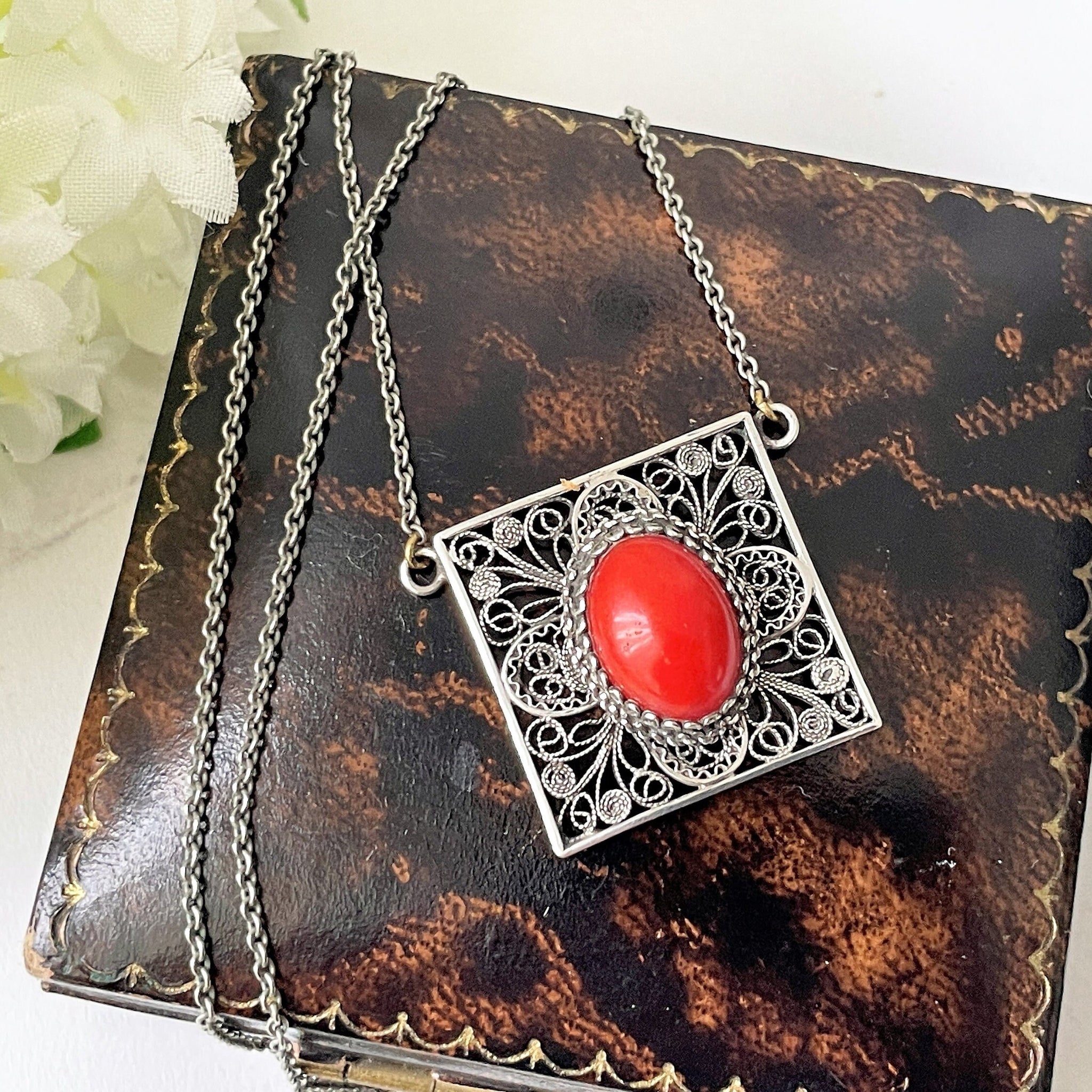 GO WEST Vintage Sterling Silver Coral Enamel Pendant Necklace/Native American Jewelry/Ant Filigree Panel/Genuine Art Deco Carnelian/Up buy Cycle