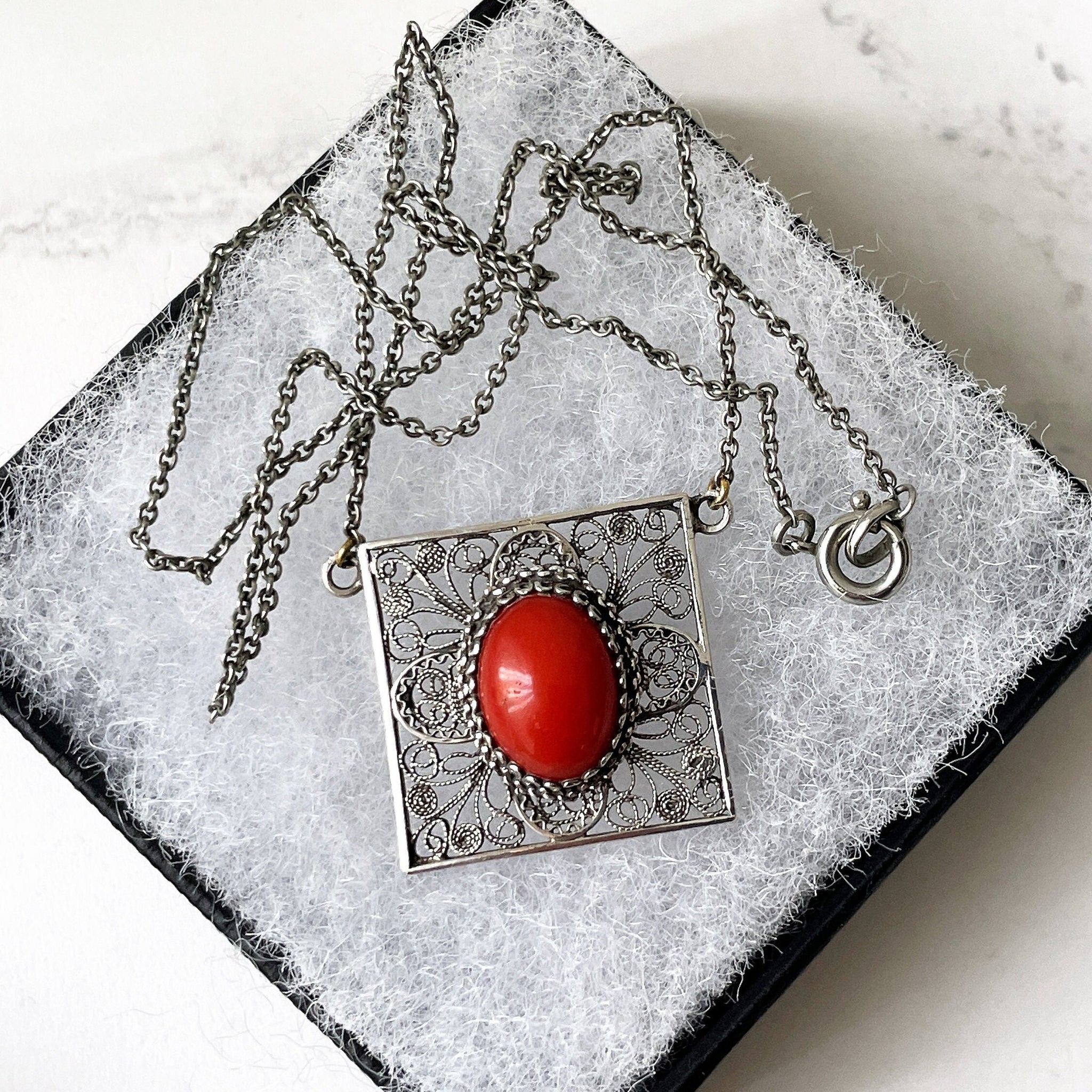 Antique Fine Silver Filigree Red Coral Square Pendant Necklace