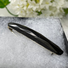 Load image into Gallery viewer, Antique Whitby Jet Long Bar Brooch. Victorian Carved Faceted Black English Jet Sash/Scarf Brooch. Alternative Stock/Cravat Mourning Pin
