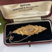 Load image into Gallery viewer, Victorian 9ct Gold Star Set Diamond Brooch In Box. Antique Etruscan Revival Marquise Brooch With Locket Compartment. Lapel/Cravat/Stock Pin
