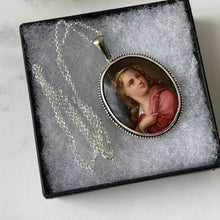 Load image into Gallery viewer, Antique Italian Sterling Silver Portrait Pendant &amp; Chain. Victorian Hand-Painted Large Oval Portrait Miniature Pendant Necklace
