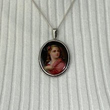 Cargar imagen en el visor de la galería, Antique Italian Sterling Silver Portrait Pendant &amp; Chain. Victorian Hand-Painted Large Oval Portrait Miniature Pendant Necklace
