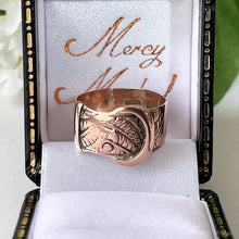 画像をギャラリービューアに読み込む, Antique English 9ct Rose Gold Buckle Ring, 1916. Edwardian Love Token/Sweetheart Ring. Floral Engraved Wide Band Ring Size UK N-1/2, US 7

