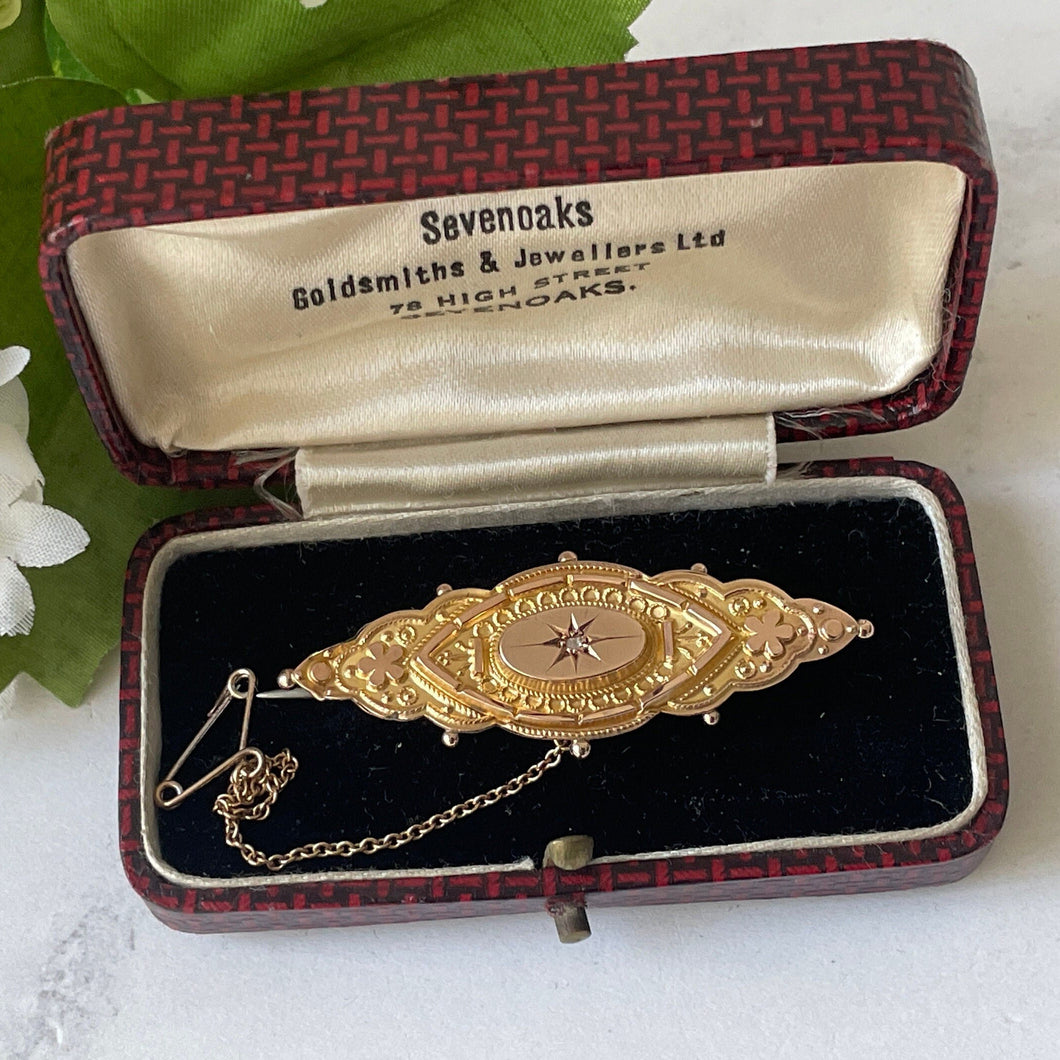 Victorian 9ct Gold Star Set Diamond Brooch In Box. Antique Etruscan Revival Marquise Brooch With Locket Compartment. Lapel/Cravat/Stock Pin