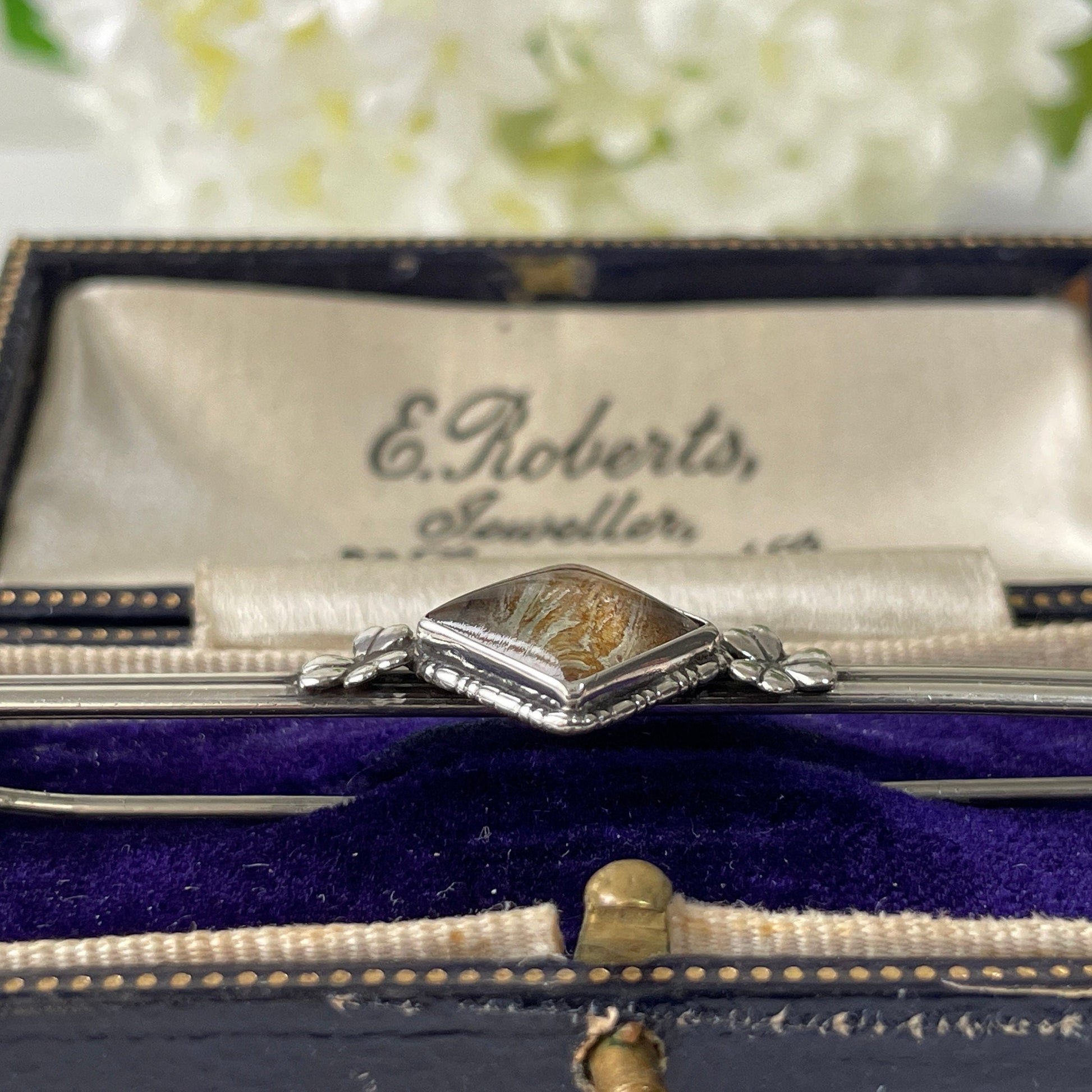 Antique Edwardian Butterfly Wing Sterling Silver Bar Brooch. English Art Nouveau Lucky Shamrock Lapel Pin, Large Cravat/Stock Pin