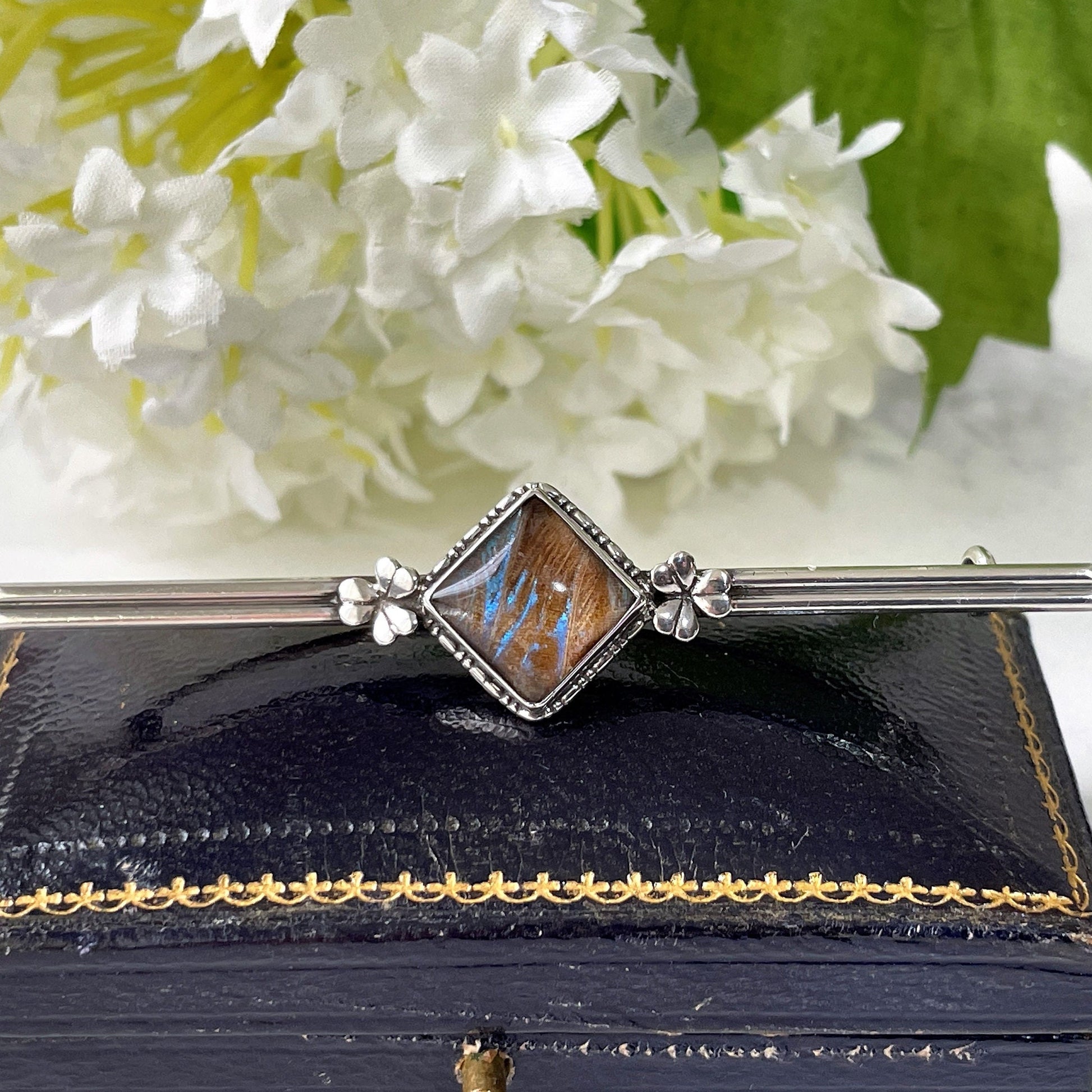 Antique Edwardian Butterfly Wing Sterling Silver Bar Brooch. English Art Nouveau Lucky Shamrock Lapel Pin, Large Cravat/Stock Pin