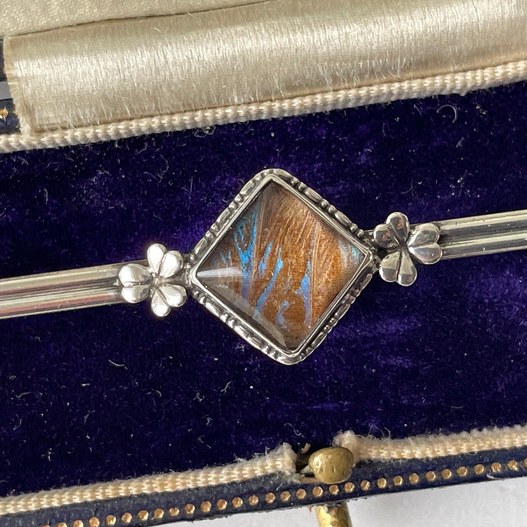 Antique Edwardian Butterfly Wing Sterling Silver Bar Brooch. English Art Nouveau Lucky Shamrock Lapel Pin, Large Cravat/Stock Pin