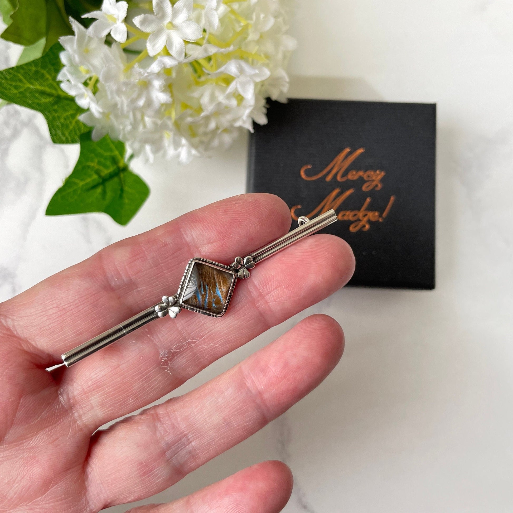 Antique Edwardian Butterfly Wing Sterling Silver Bar Brooch. English Art Nouveau Lucky Shamrock Lapel Pin, Large Cravat/Stock Pin