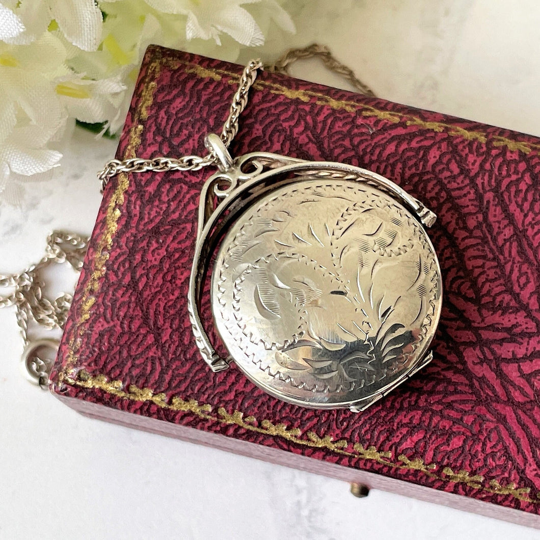 Vintage English Sterling Silver Engraved Spinner Locket. Victorian Revival 2-Sided Spinning Pendant Locket. Fob Style Pendant Locket & Chain