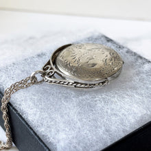 Load image into Gallery viewer, Vintage English Sterling Silver Engraved Spinner Locket. Victorian Revival 2-Sided Spinning Pendant Locket. Fob Style Pendant Locket &amp; Chain
