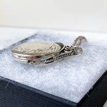 Load image into Gallery viewer, Vintage English Sterling Silver Engraved Spinner Locket. Victorian Revival 2-Sided Spinning Pendant Locket. Fob Style Pendant Locket &amp; Chain
