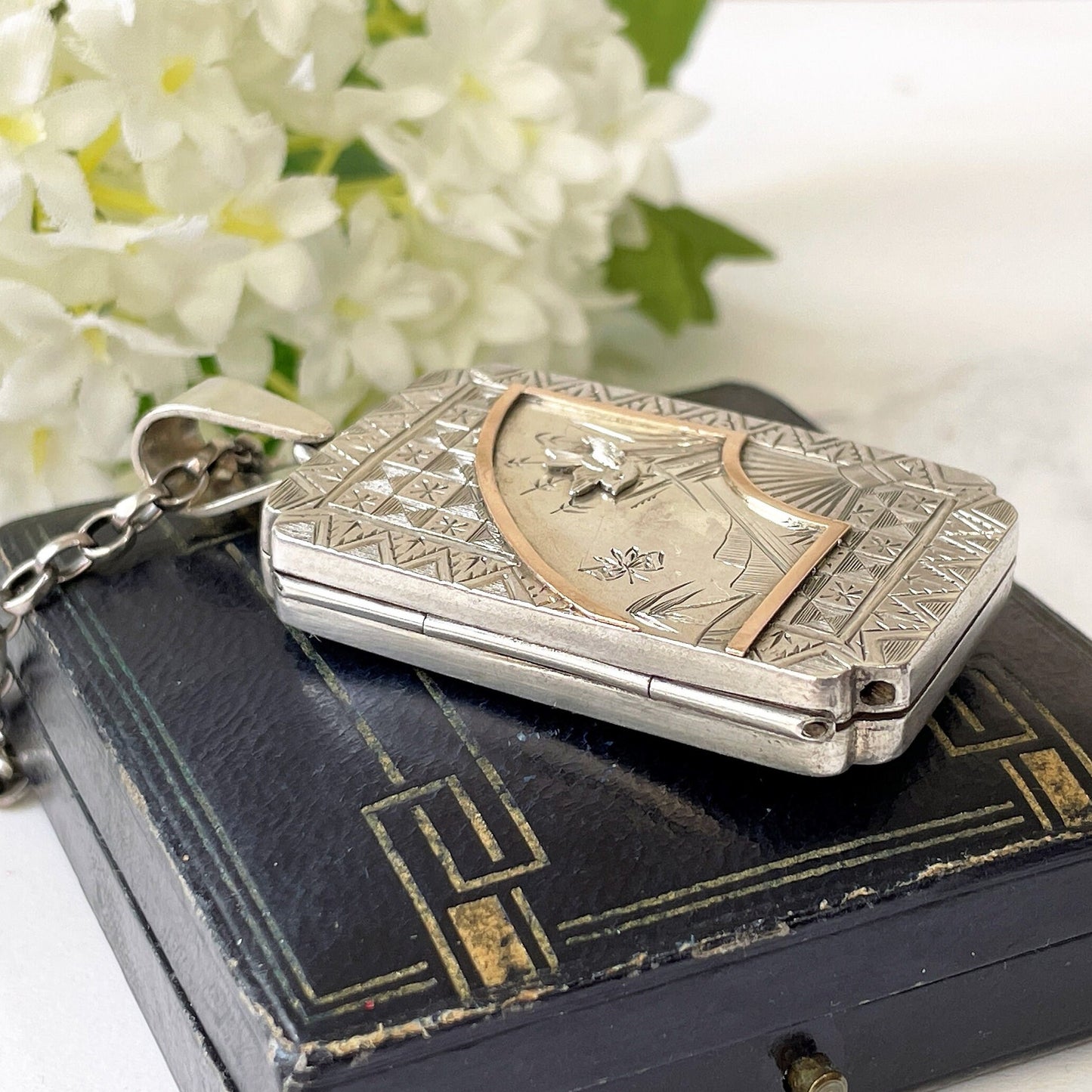 Victorian Sterling Silver & Rose Gold Aesthetic Locket. Large Rectangular Antique Japonesque Locket With Hand Fan and Swallow Motif, Ca 1880