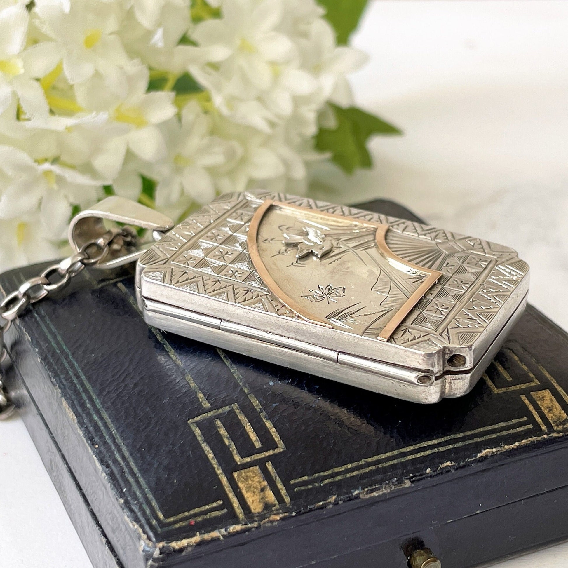 Victorian Sterling Silver & Rose Gold Aesthetic Locket. Large Rectangular Antique Japonesque Locket With Hand Fan and Swallow Motif, Ca 1880