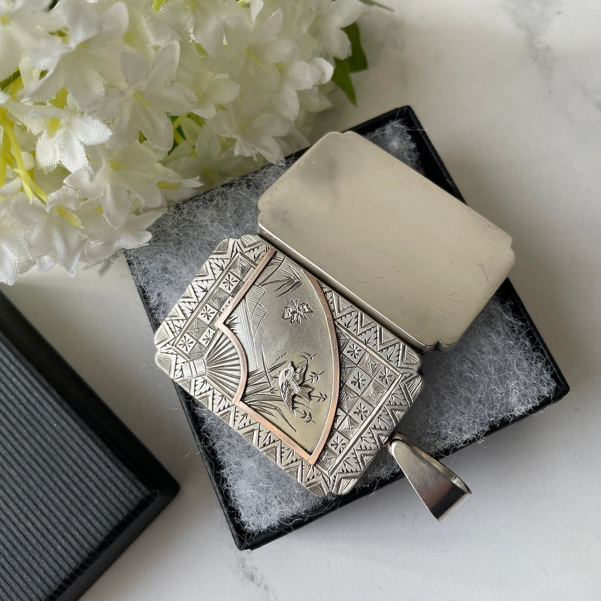 Victorian Sterling Silver & Rose Gold Aesthetic Locket. Large Rectangular Antique Japonesque Locket With Hand Fan and Swallow Motif, Ca 1880