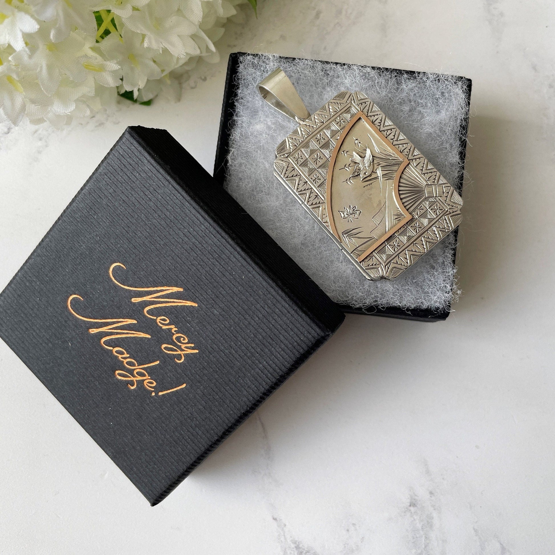 Victorian Sterling Silver & Rose Gold Aesthetic Locket. Large Rectangular Antique Japonesque Locket With Hand Fan and Swallow Motif, Ca 1880