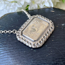 Lade das Bild in den Galerie-Viewer, Victorian Aesthetic Engraved Swallow &amp; Bamboo Pendant Style Necklace. Antique Sterling Silver Double Bail Rectangular Pendant, Belcher Chain
