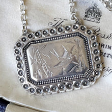 Load image into Gallery viewer, Victorian Aesthetic Engraved Swallow &amp; Bamboo Pendant Style Necklace. Antique Sterling Silver Double Bail Rectangular Pendant, Belcher Chain
