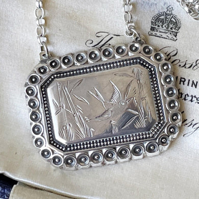 Victorian Aesthetic Engraved Swallow & Bamboo Pendant Style Necklace. Antique Sterling Silver Double Bail Rectangular Pendant, Belcher Chain