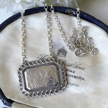 Lade das Bild in den Galerie-Viewer, Victorian Aesthetic Engraved Swallow &amp; Bamboo Pendant Style Necklace. Antique Sterling Silver Double Bail Rectangular Pendant, Belcher Chain
