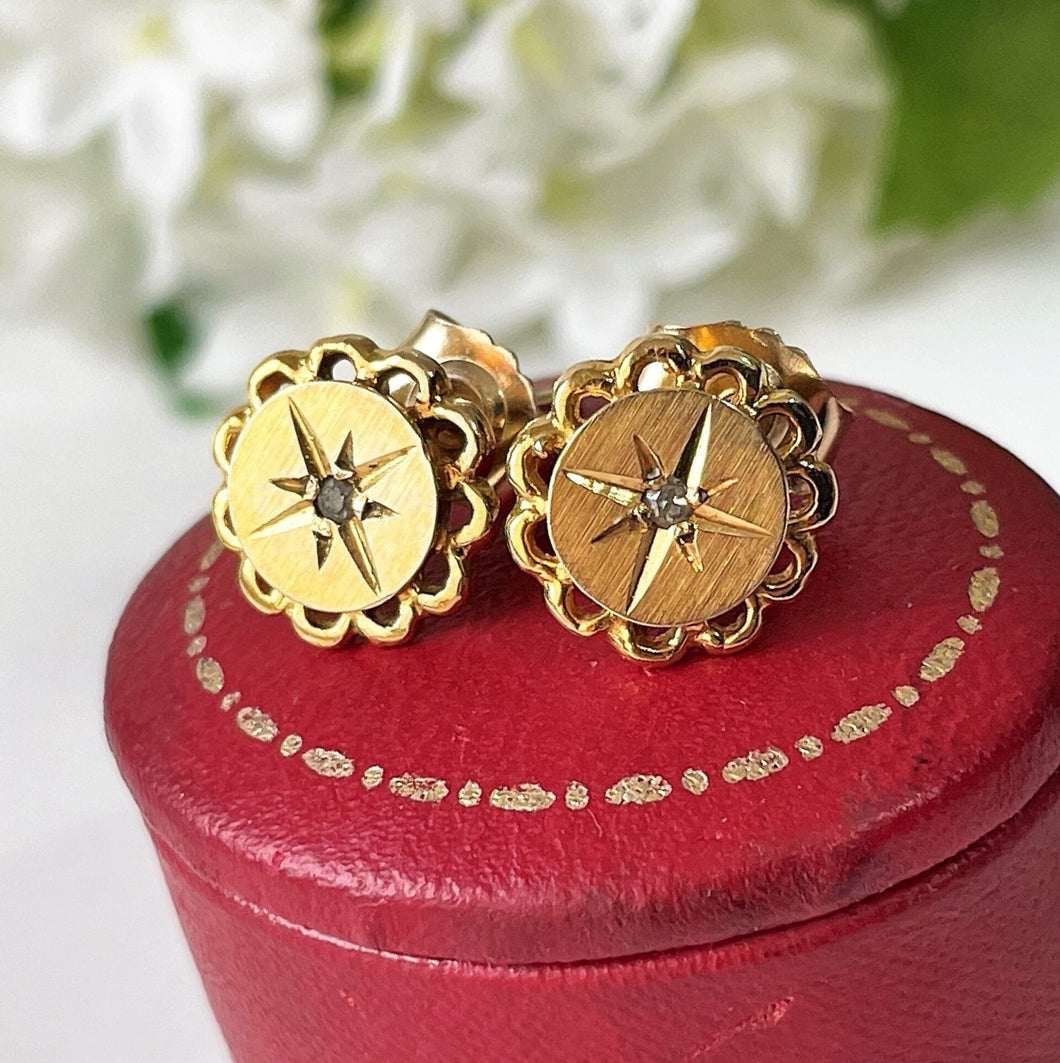 Antique Victorian 9ct Gold & Diamond Earrings. Star Set Mine Cut Diamond Earrings. Yellow Gold Victorian Stud Earrings For Pierced Ears