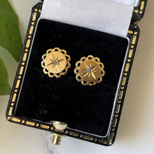 Lade das Bild in den Galerie-Viewer, Antique Victorian 9ct Gold &amp; Diamond Earrings. Star Set Mine Cut Diamond Earrings. Yellow Gold Victorian Stud Earrings For Pierced Ears
