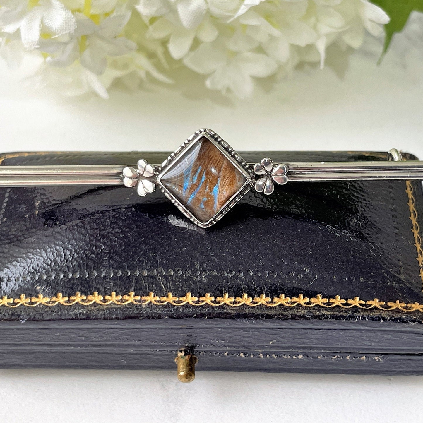 Antique Edwardian Butterfly Wing Sterling Silver Bar Brooch. English Art Nouveau Lucky Shamrock Lapel Pin, Large Cravat/Stock Pin