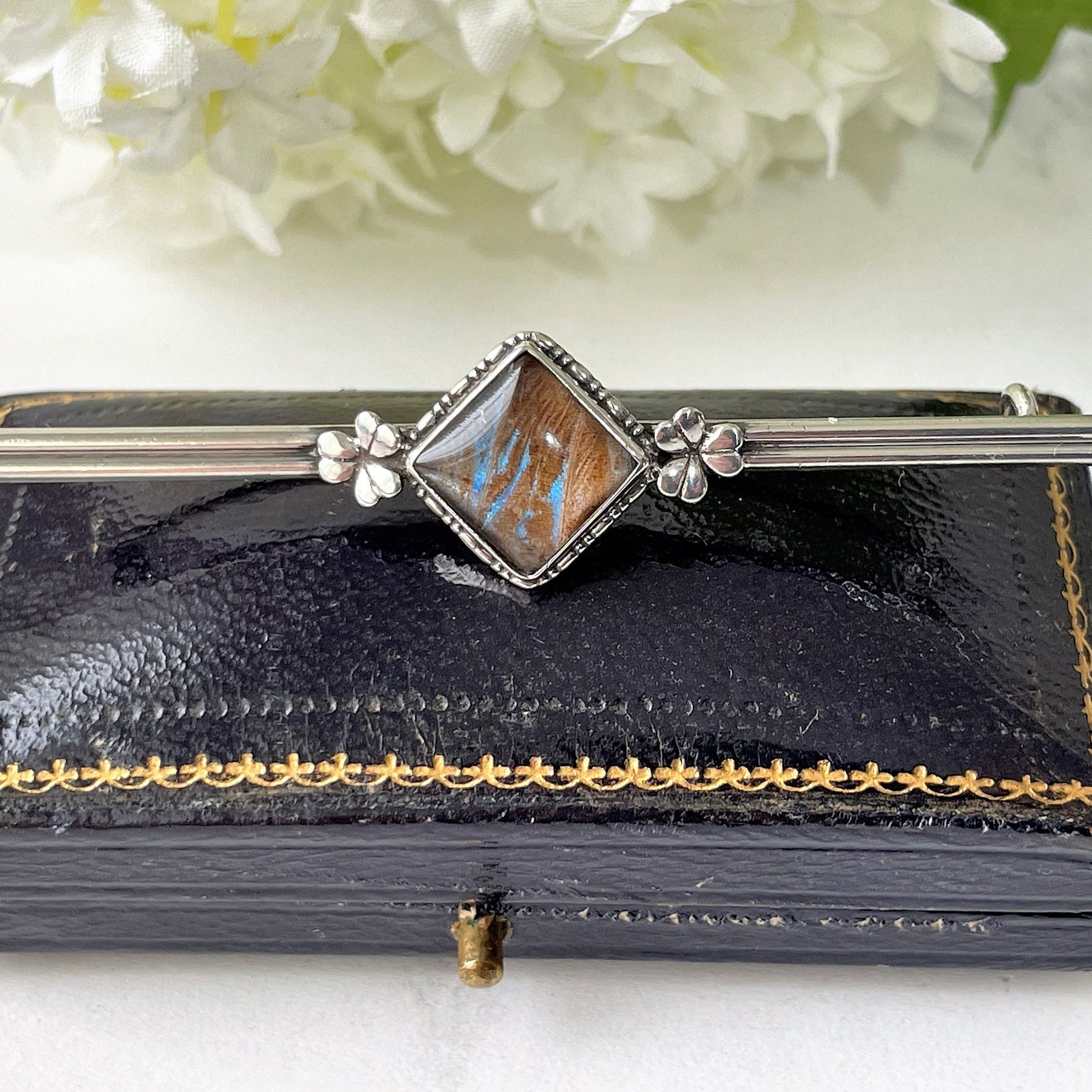 Antique Edwardian Butterfly Wing Sterling Silver Bar Brooch. English Art Nouveau Lucky Shamrock Lapel Pin, Large Cravat/Stock Pin