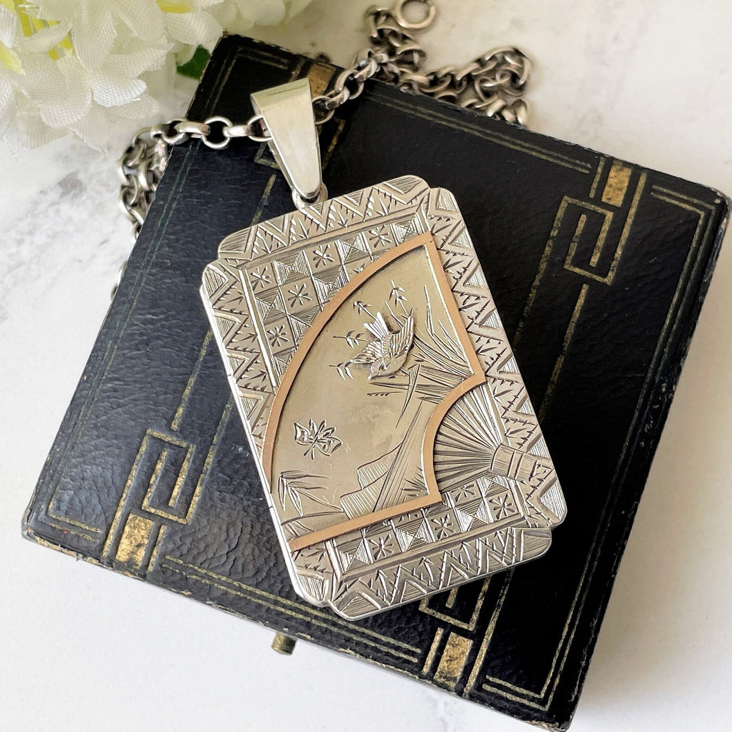 Victorian Sterling Silver & Rose Gold Aesthetic Locket. Large Rectangular Antique Japonesque Locket With Hand Fan and Swallow Motif, Ca 1880