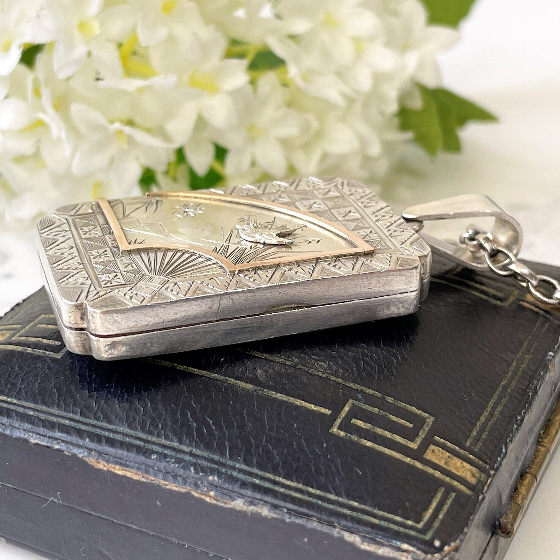 Victorian Sterling Silver & Rose Gold Aesthetic Locket. Large Rectangular Antique Japonesque Locket With Hand Fan and Swallow Motif, Ca 1880
