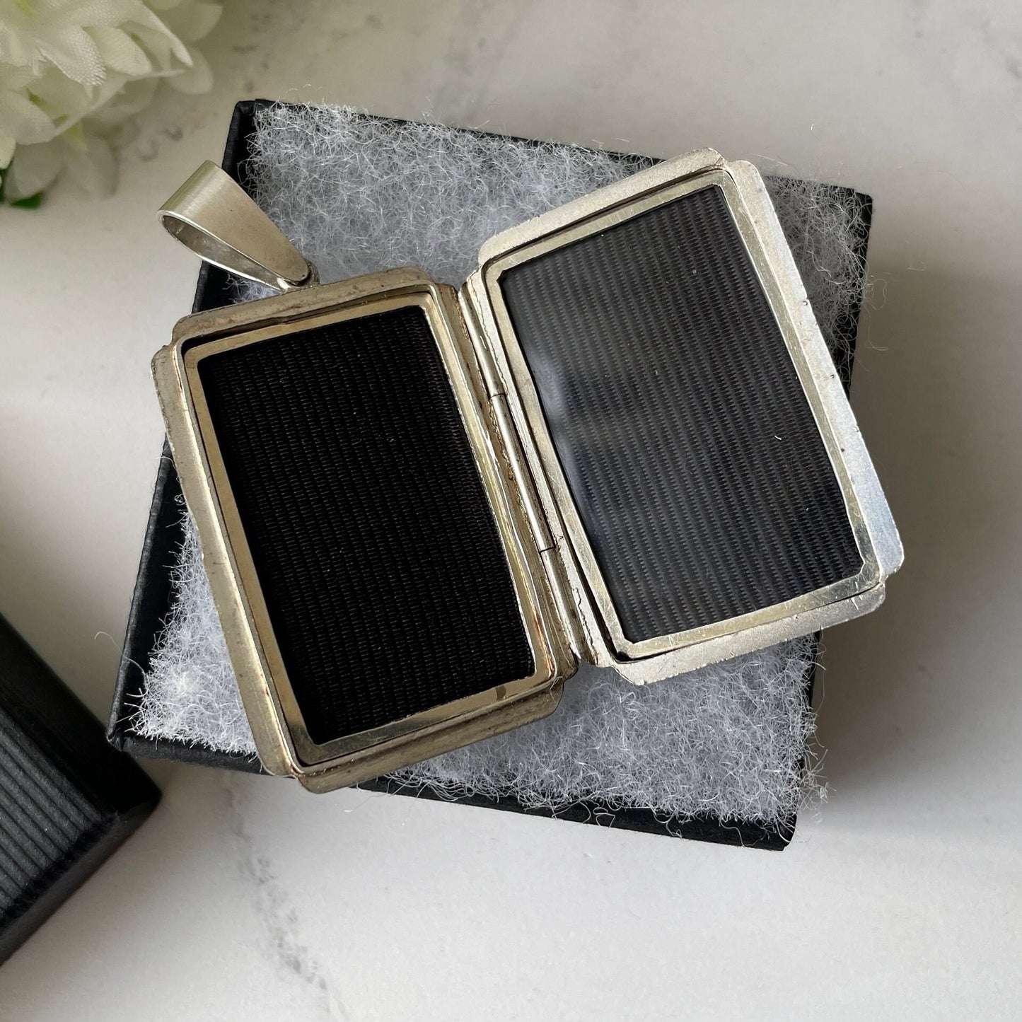 Victorian Sterling Silver & Rose Gold Aesthetic Locket. Large Rectangular Antique Japonesque Locket With Hand Fan and Swallow Motif, Ca 1880