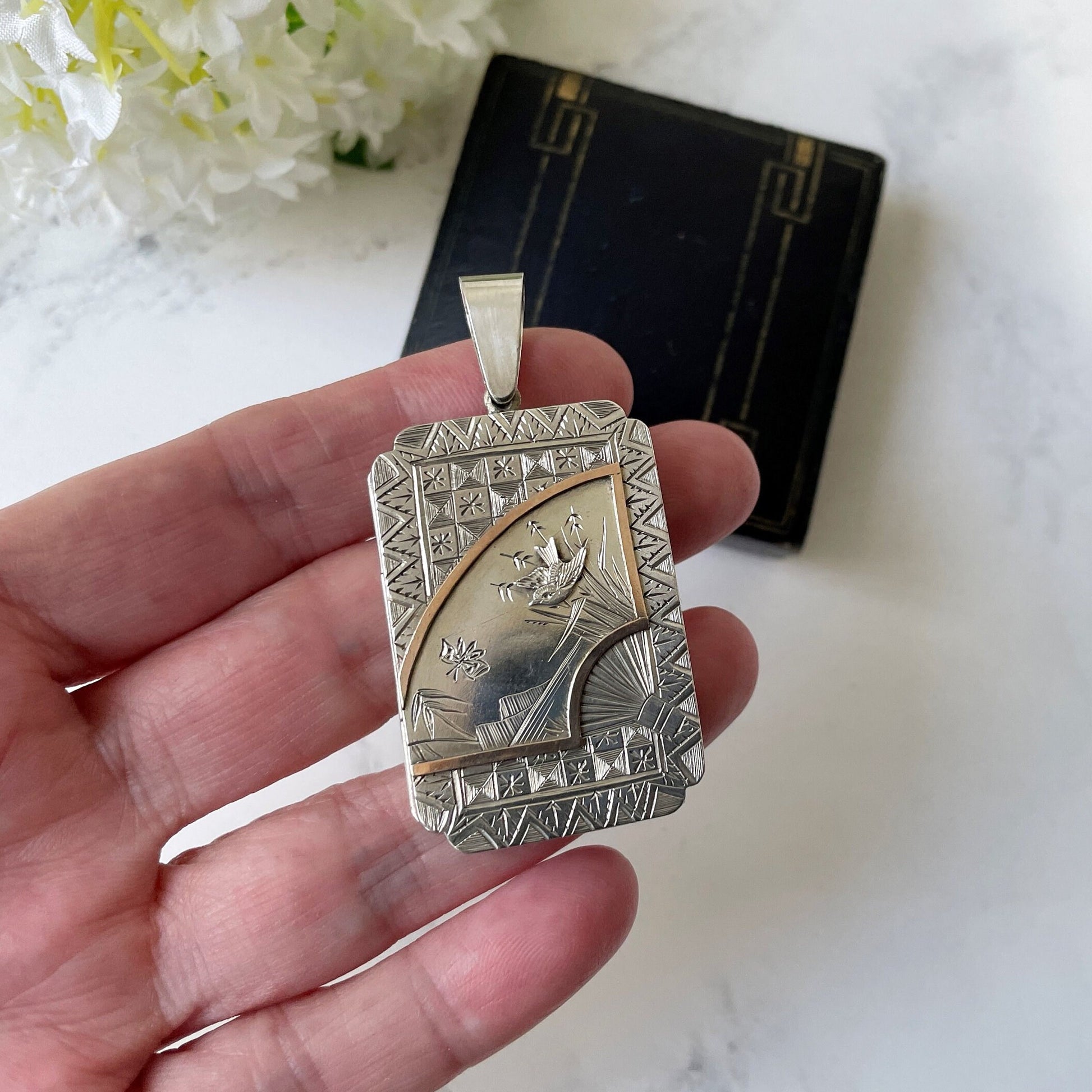 Victorian Sterling Silver & Rose Gold Aesthetic Locket. Large Rectangular Antique Japonesque Locket With Hand Fan and Swallow Motif, Ca 1880