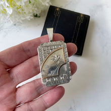Load image into Gallery viewer, Victorian Sterling Silver &amp; Rose Gold Aesthetic Locket. Large Rectangular Antique Japonesque Locket With Hand Fan and Swallow Motif, Ca 1880

