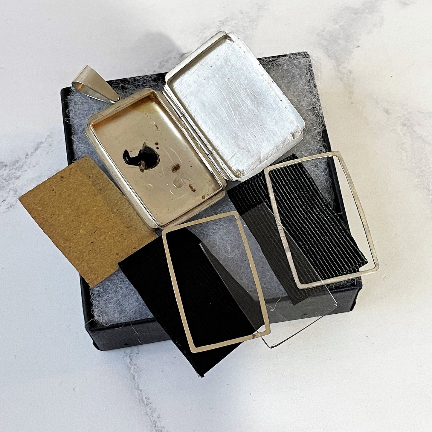 Victorian Sterling Silver & Rose Gold Aesthetic Locket. Large Rectangular Antique Japonesque Locket With Hand Fan and Swallow Motif, Ca 1880