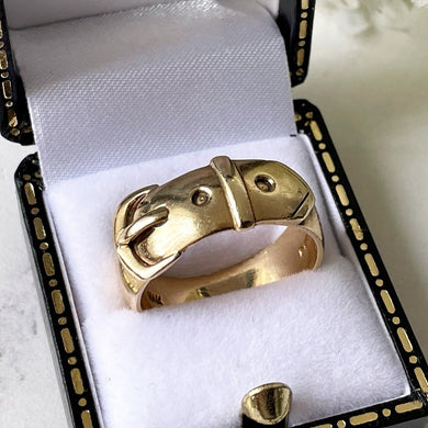 Vintage Heavy 9ct Gold Buckle Ring, Hallmarked London 1974. Retro Wide Yellow Gold Band Buckle Ring. Index/Unisex/Pinky Ring Size S /US 9