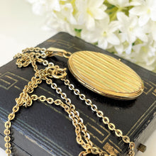 Load image into Gallery viewer, Vintage 1960s Rolled Gold Oval Locket, Andreas Daub Germany. Art Deco Style Guilloche Engraved Photo Locket Pendant. Gold Locket &amp; Chain
