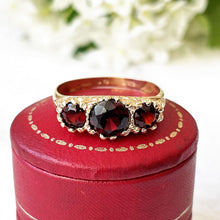 Cargar imagen en el visor de la galería, Vintage 9ct Gold Bohemian Garnet Ring. Edwardian Revival Trilogy Ring. Gold Scrollwork Ring. Antique Style Engagement Ring, Size Q-1/2/8-1/2
