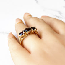 画像をギャラリービューアに読み込む, Vintage 9ct Gold Bohemian Garnet Ring. Edwardian Revival Trilogy Ring. Gold Scrollwork Ring. Antique Style Engagement Ring, Size Q-1/2/8-1/2
