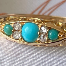 Lade das Bild in den Galerie-Viewer, Antique 1901 18ct Gold, Turquoise &amp; Rose Cut Diamond Ring. Victorian/Edwardian Boat Ring. Yellow Gold Band Ring Size Q-1/2 UK/ 8.5 USA
