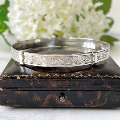 Vintage 1954 English Sterling Silver Narrow Bangle. Antique Style Floral Engraved Expandable/Adjustable Bracelet, Henry Griffiths & Sons