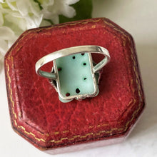Load image into Gallery viewer, Art Deco Sterling Silver Hand-Carved Jade Ring. Antique 1920s Apple Green Nephrite Jade Ring. Rectangular Green Gemstone Cocktail Ring
