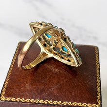Load image into Gallery viewer, Vintage 9ct Gold Turquoise Marquise Ring. Yellow Gold Turquoise Cluster Ring. Gemstone Set Large Navette Ring. 1970s Statement Cocktail Ring
